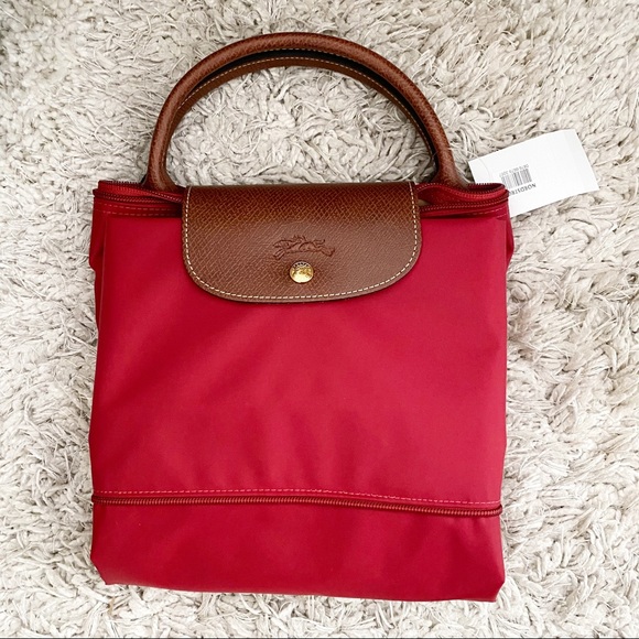 Longchamp Le Pliage Original Expandable Tote Travel Bag NWT Red Leather - Picture 12 of 16